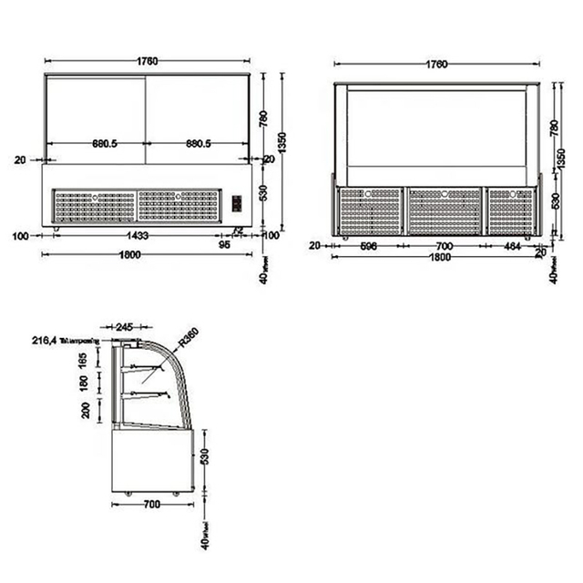 Vitrina de vidrio curvado para pasteles para panadería comercial