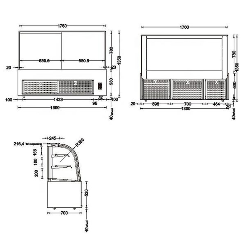 Vitrina de vidrio curvado para pasteles para panadería comercial